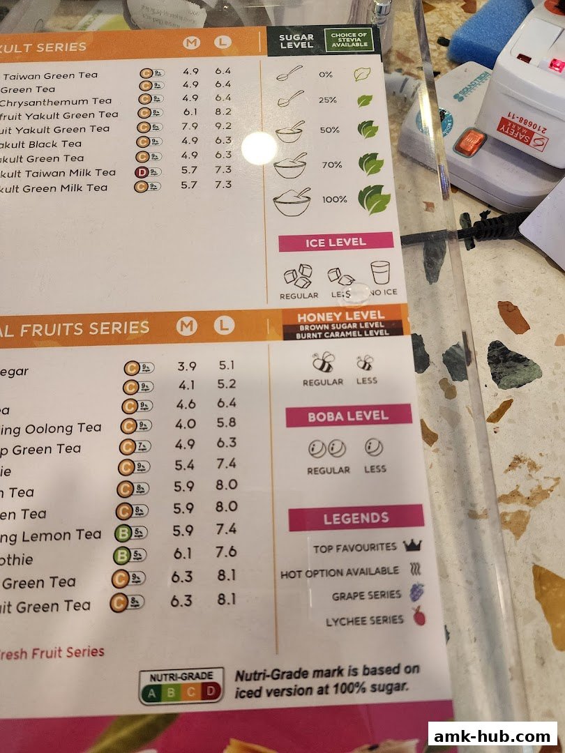 A menu displaying various tea series with prices and customization options.