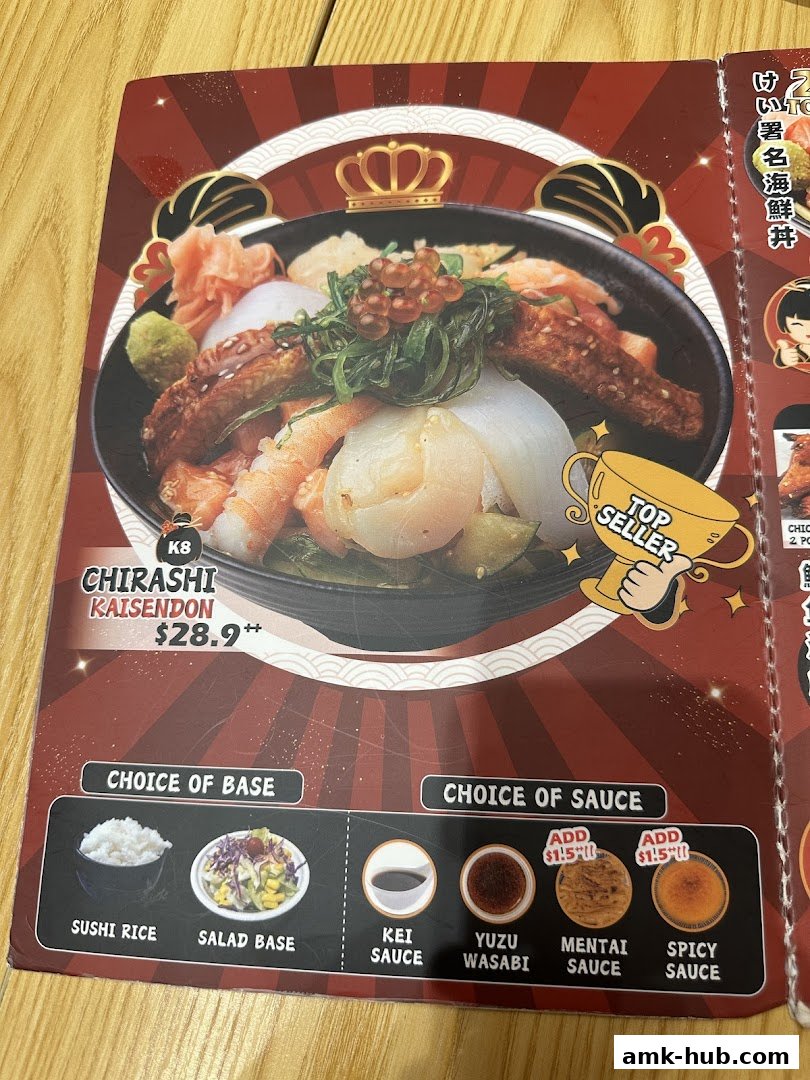 A menu featuring Chirashi Kaisendon with choices of base and sauce.