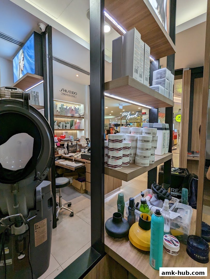 Interior view of a hair salon with styling equipment and products on display.