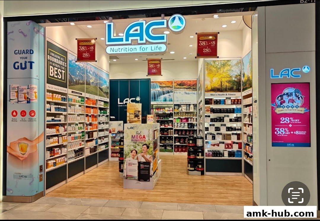 The interior of a LAC Nutrition for Life store, showcasing shelves stocked with health supplements and promotional displays.