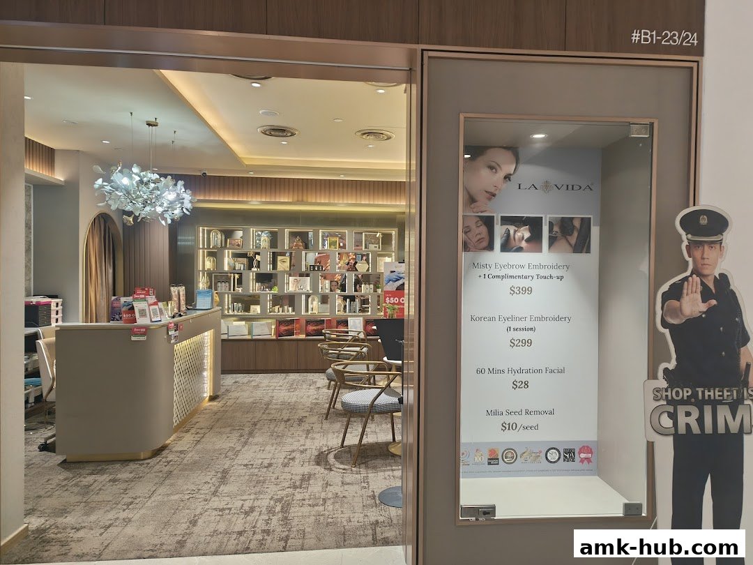 Interior view of La Vida beauty salon with a reception desk and display shelves.