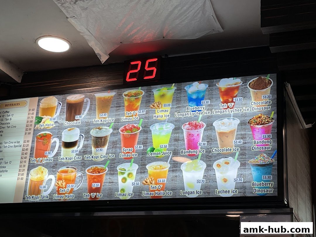 A digital menu board displaying various beverages with images and prices.