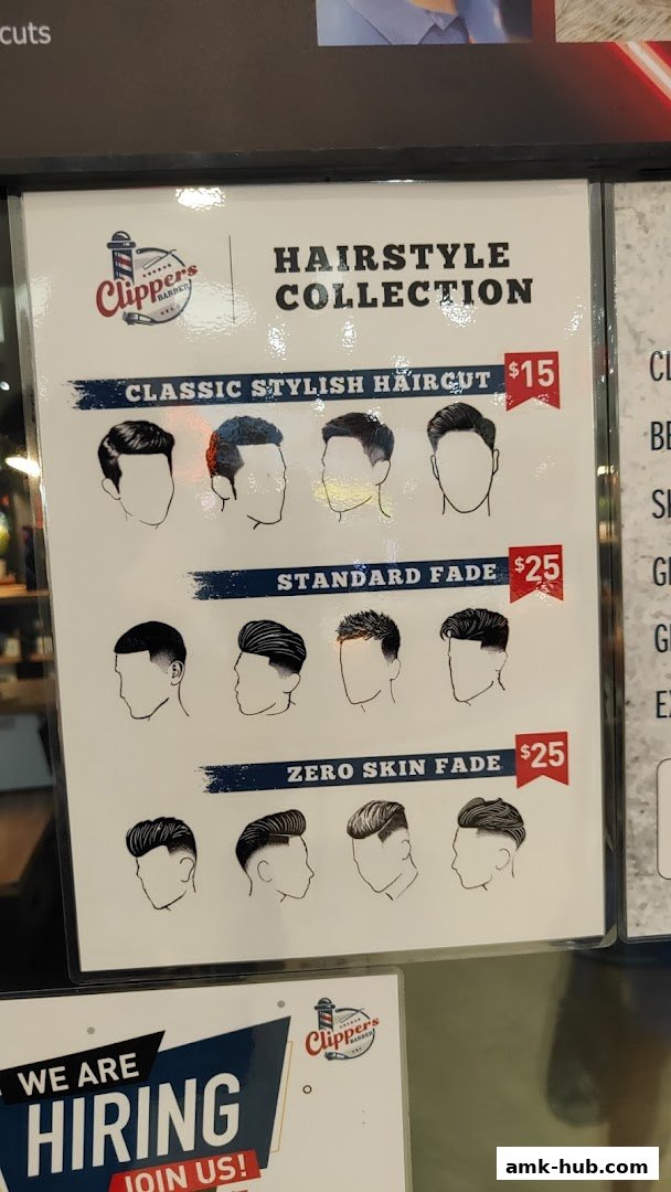 A menu displaying various hairstyles and their prices at Clippers Barber.
