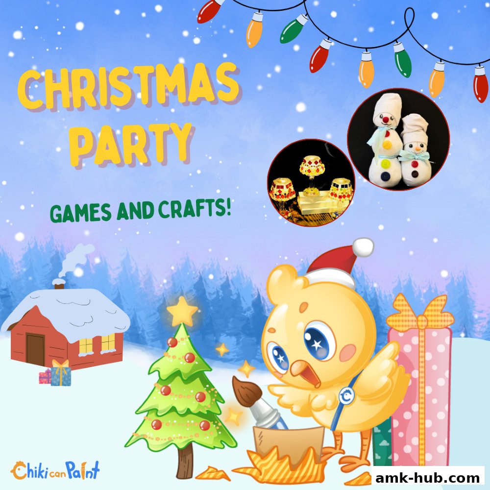 A festive Christmas party poster featuring a cartoon chick painting a Christmas tree with snowmen and crafts.