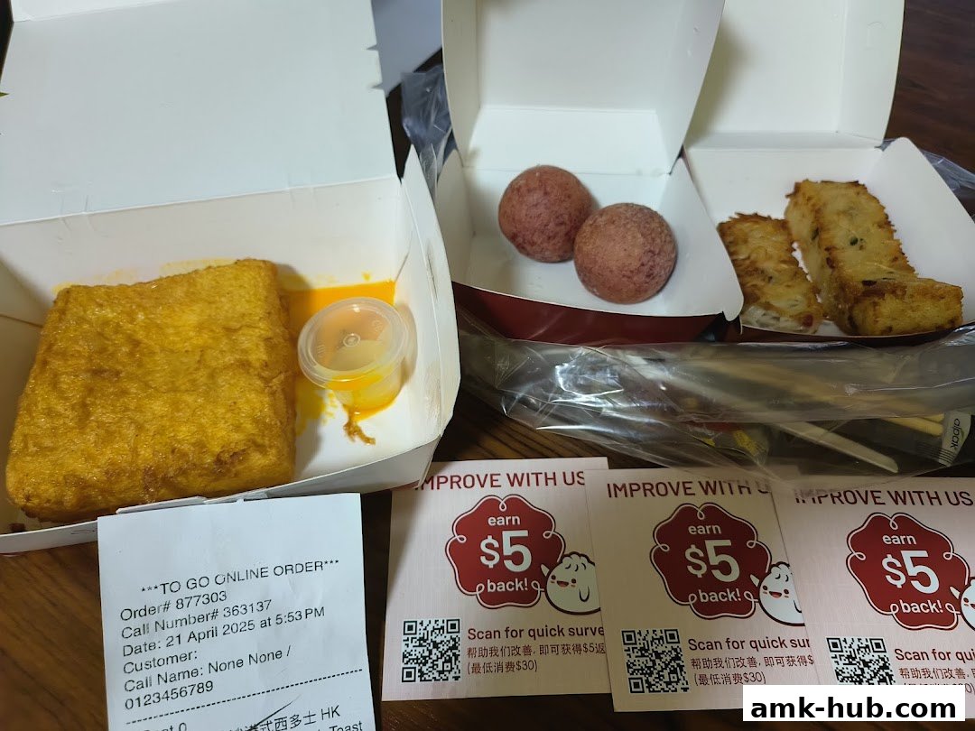 A close-up of takeout dim sum dishes including fried toast, purple balls, and fried radish cake.