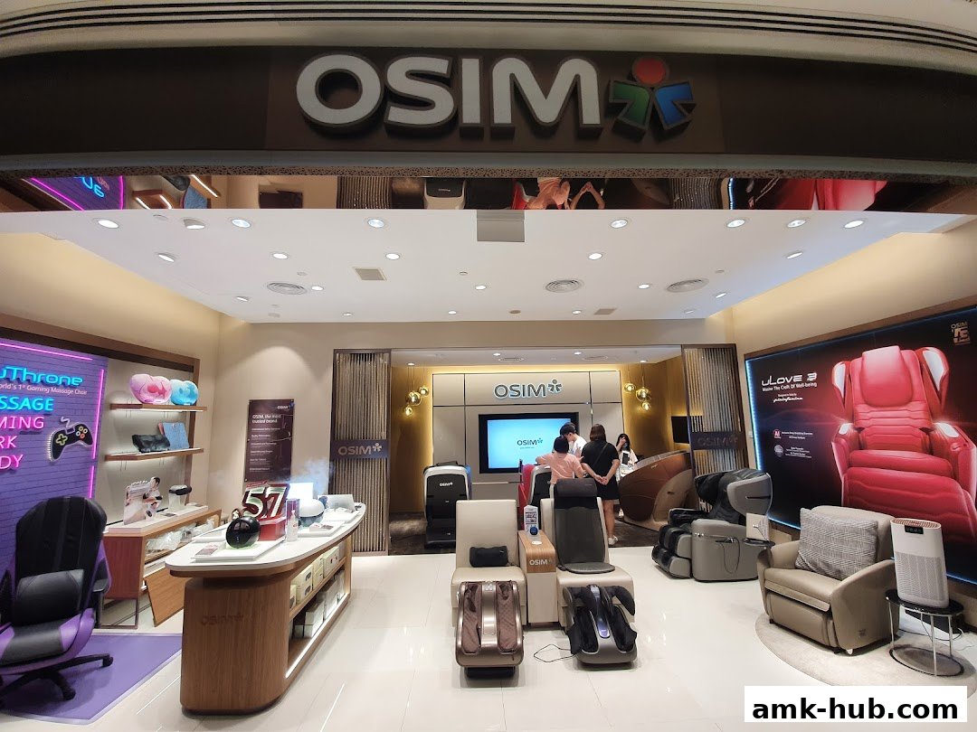 Interior of an OSIM shop showcasing various massage chairs and wellness products.