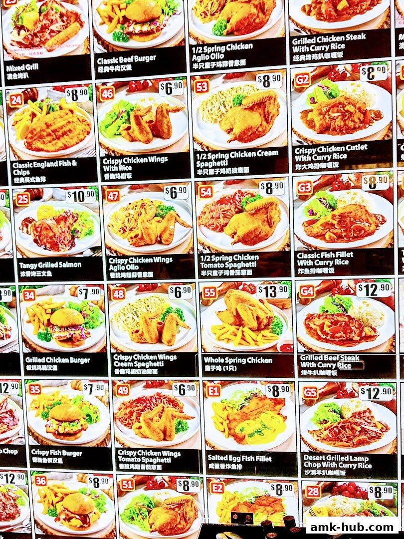 A vibrant menu display showcasing a variety of Western and Asian-inspired dishes with prices.