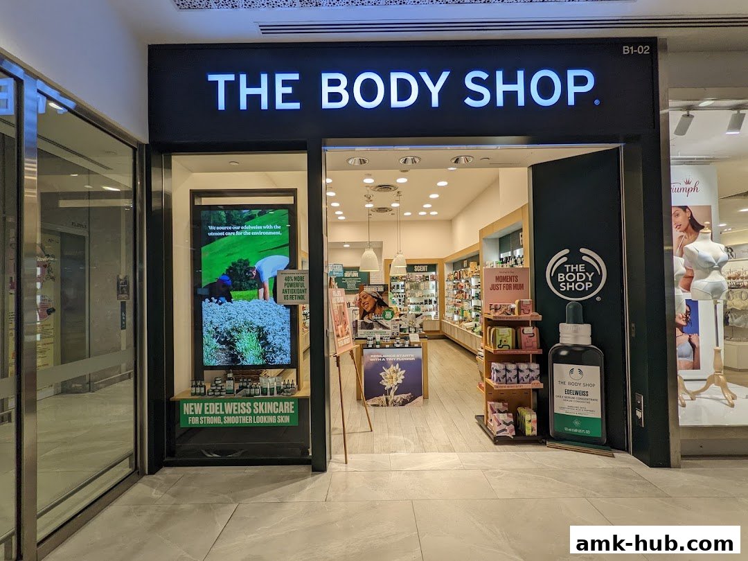 The Body Shop storefront with products displayed inside and outside.