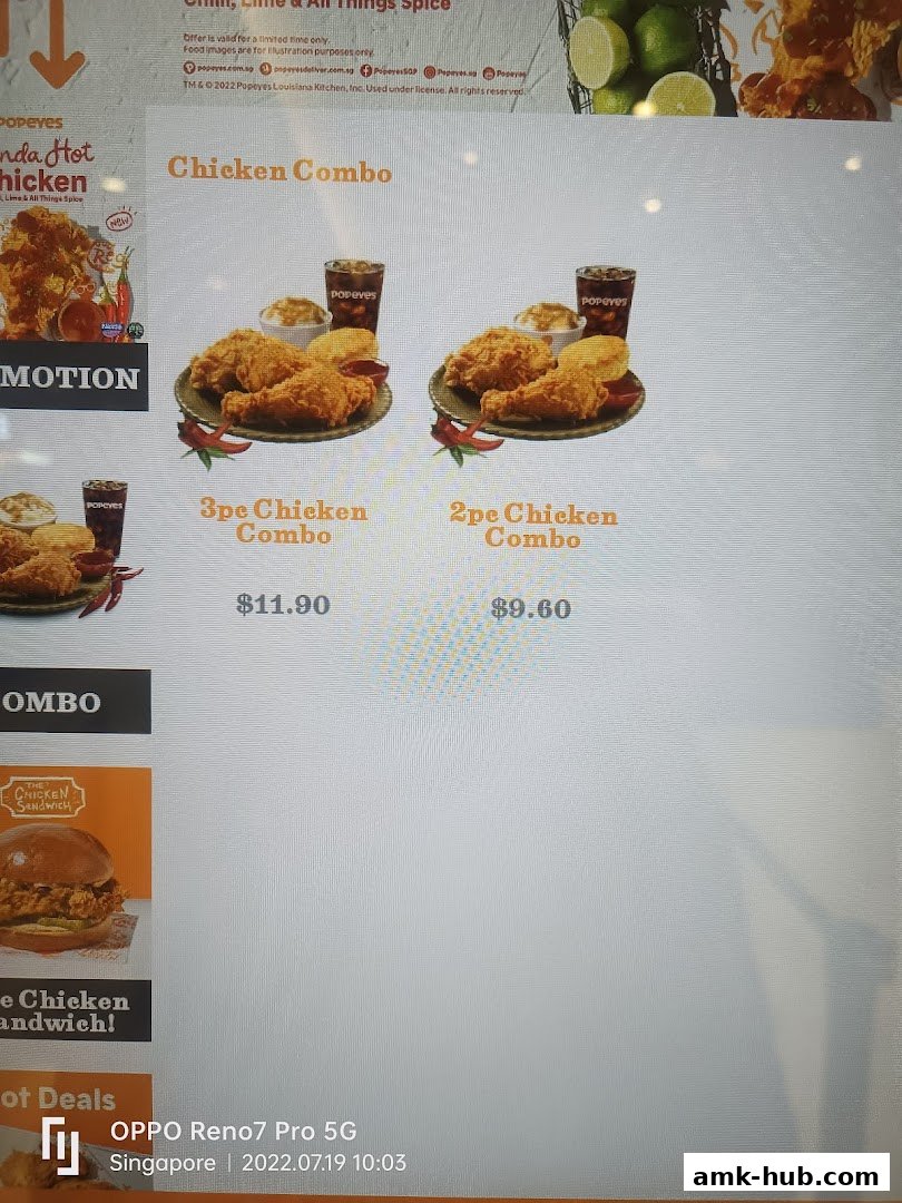 A menu display showing Popeyes Chicken Combos with prices.