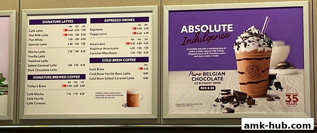 A menu board displaying signature lattes, espresso drinks, and cold brew coffee, alongside a promotional image for a chocolate ice blended drink.