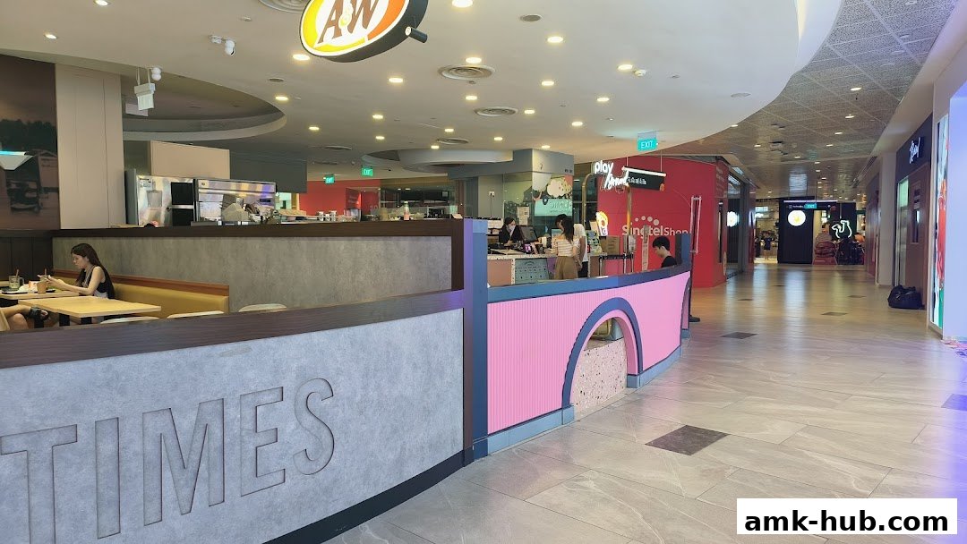 Interior view of a mall with a food establishment and other shops.