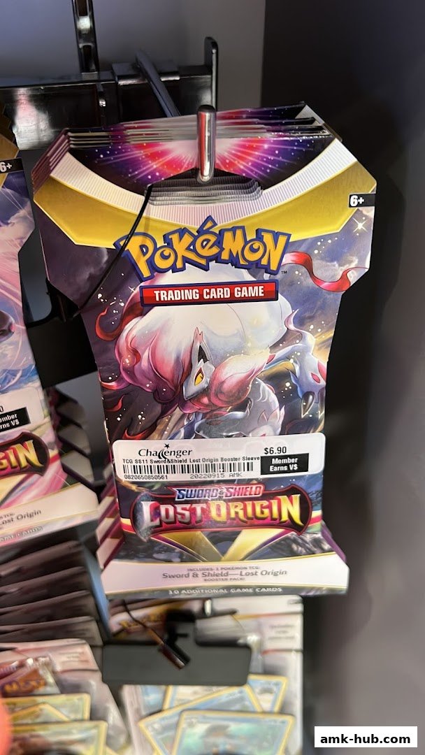 A display of Pokemon Trading Card Game booster packs, specifically the Sword & Shield Lost Origin series.