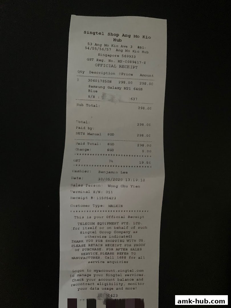 A receipt from Singtel Shop Ang Mo Kio Hub for a Samsung Galaxy M21.