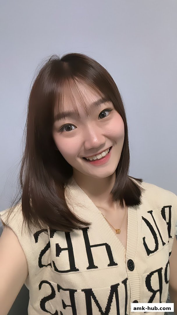 A young woman with shoulder-length brown hair smiles at the camera, wearing a cream-colored vest with black lettering.