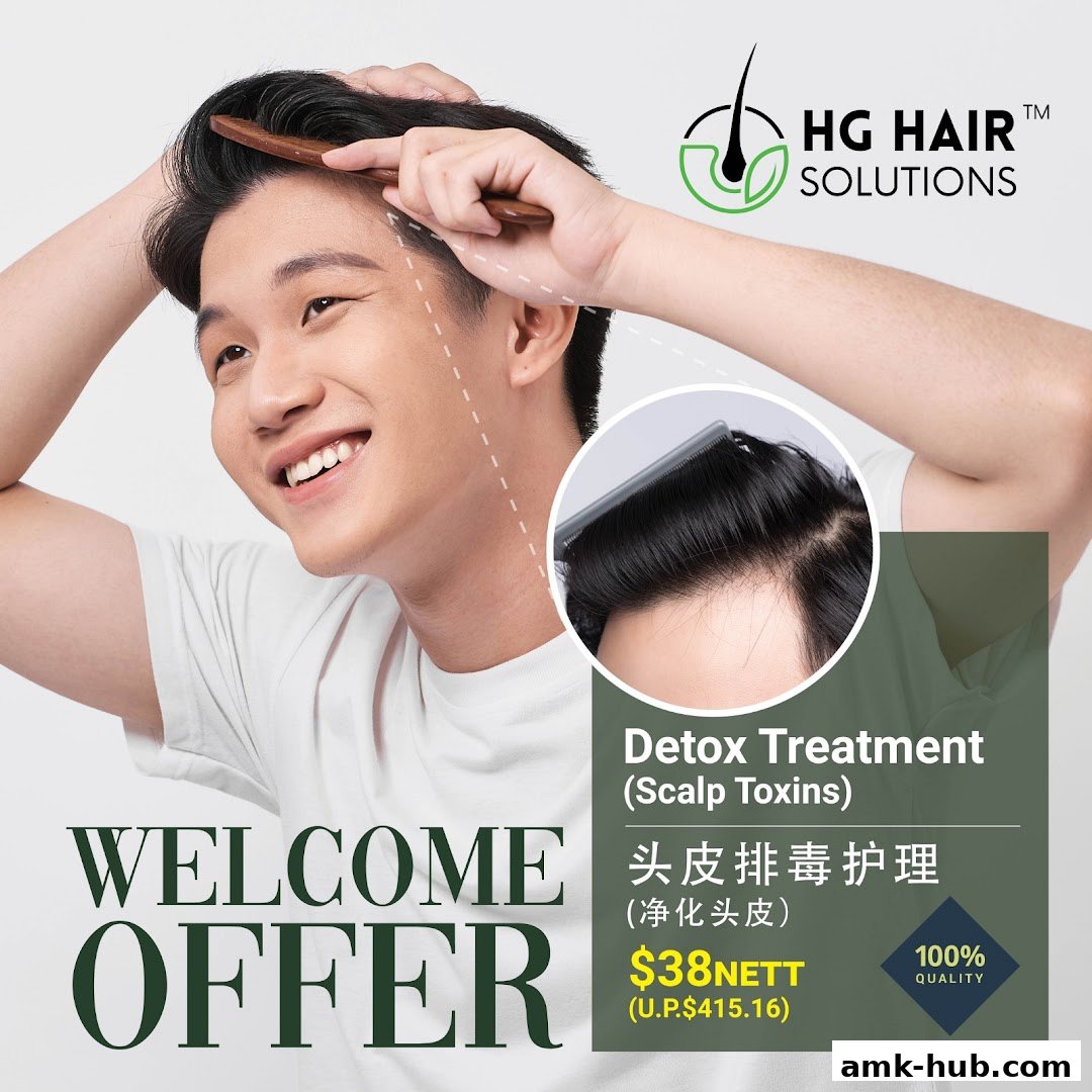 A man combs his hair, with a close-up of his scalp and a promotional offer for hair treatment.
