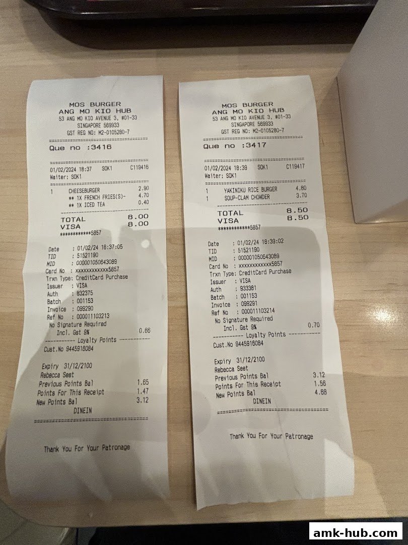 Two MOS Burger receipts showing food items, prices, and transaction details.
