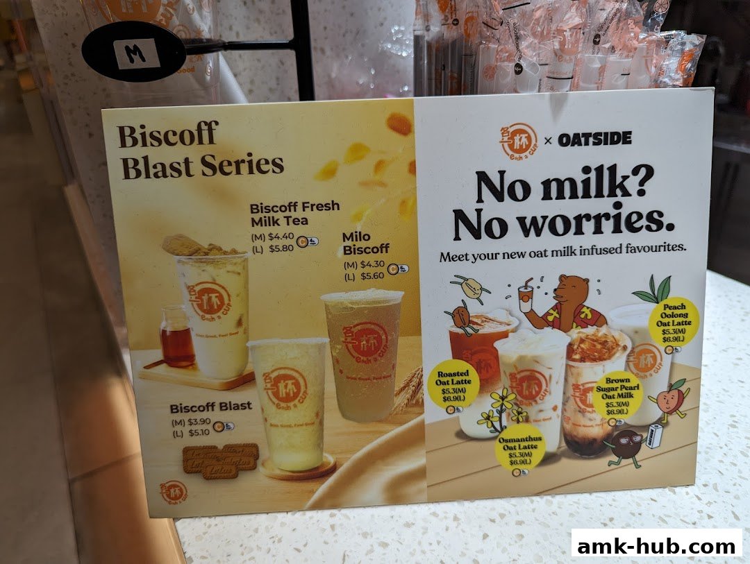 A menu board showcasing Biscoff Blast Series and oat milk infused drinks from Each A Cup.