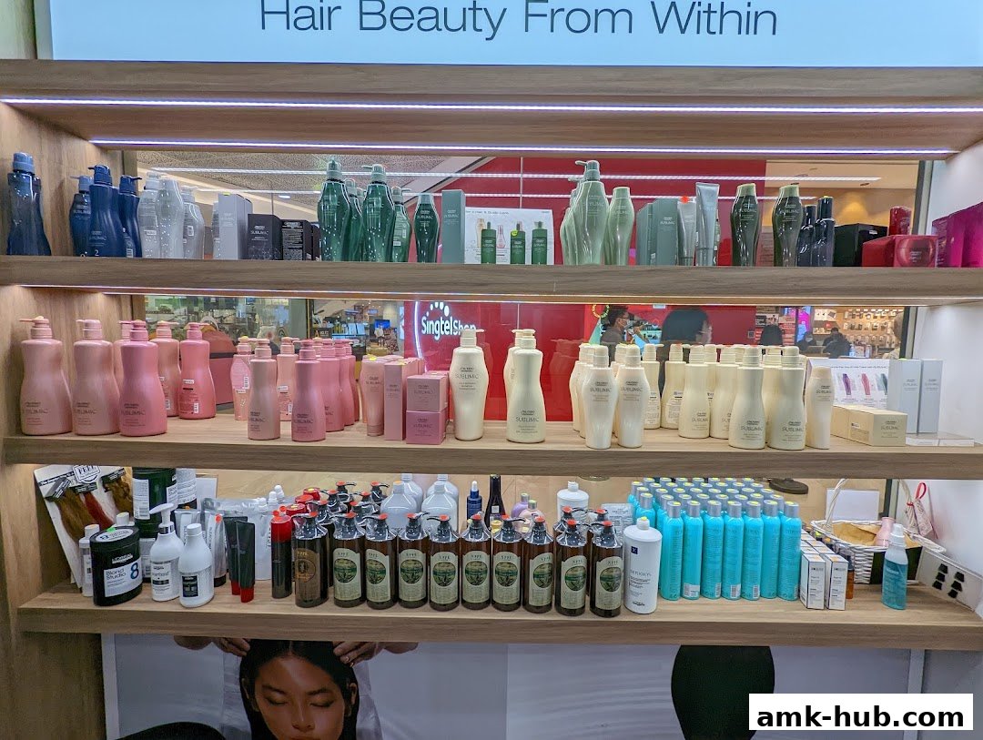 Shelves stocked with various hair care products, including shampoos, conditioners, and styling treatments.