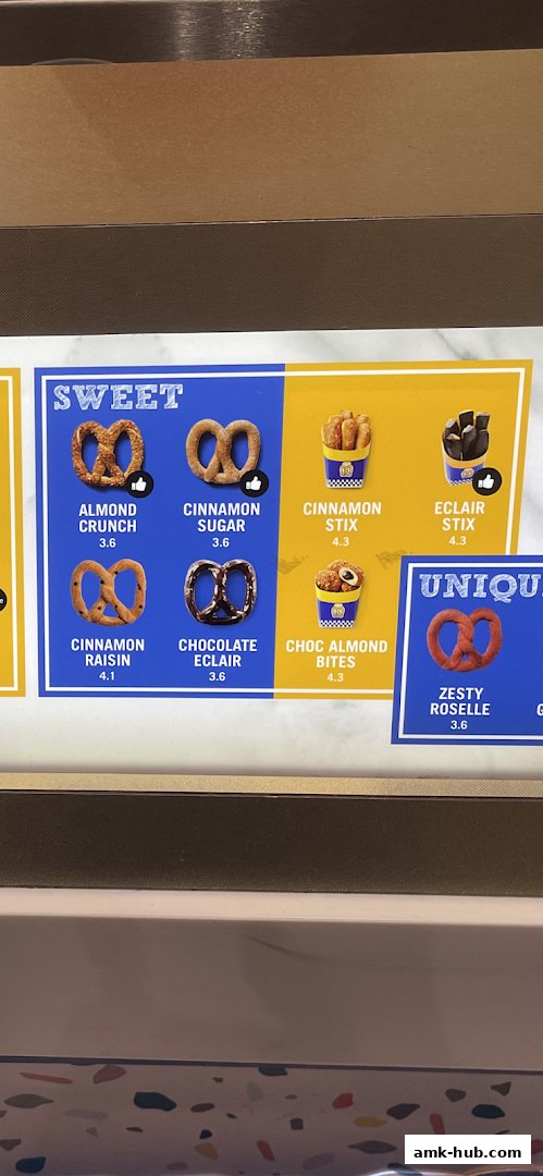 A menu display showing various sweet and unique pretzel flavors from Auntie Anne's.