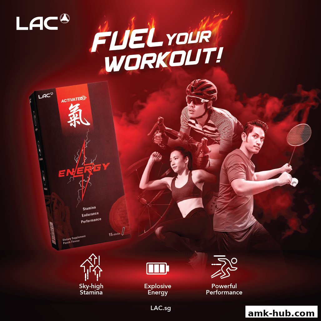 An advertisement for LAC Nutrition's Energy supplement, featuring athletes and product packaging.