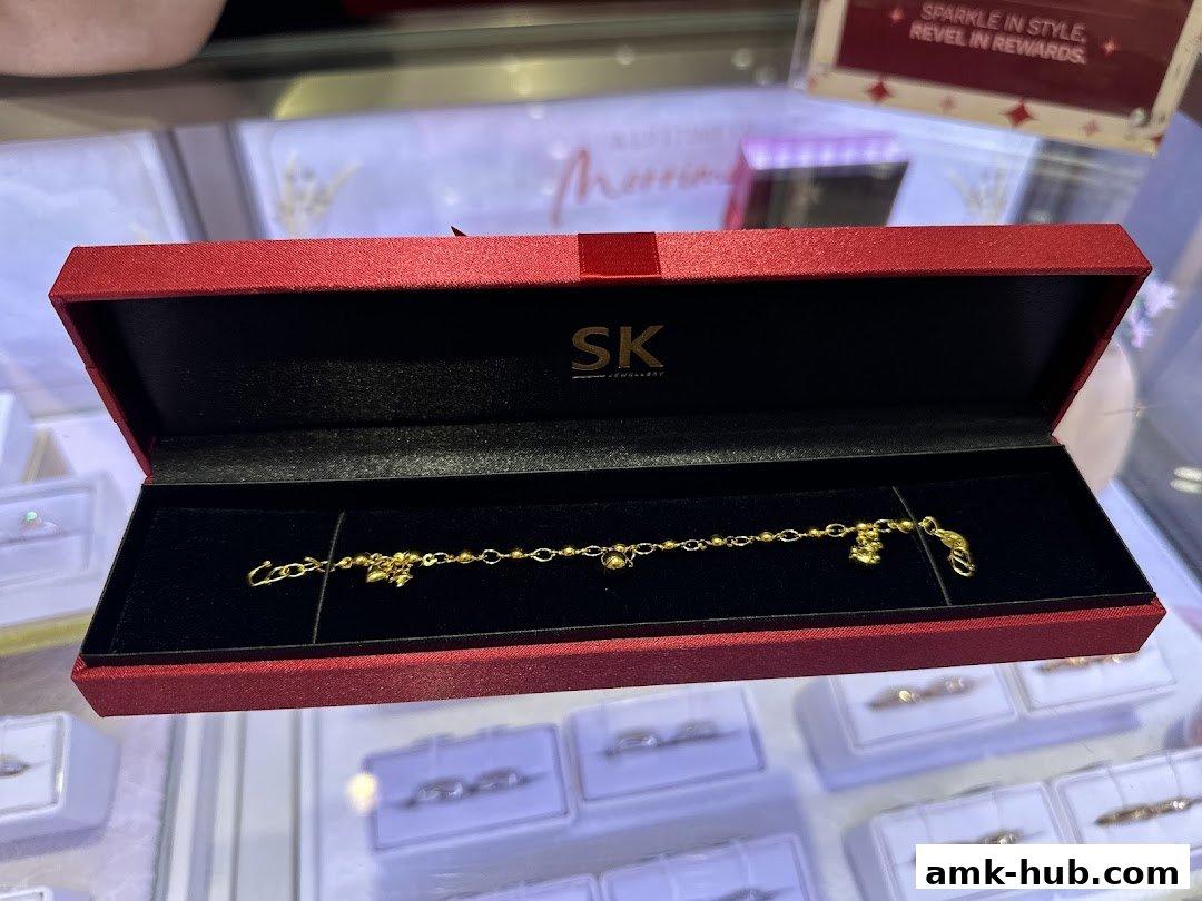 A gold bracelet with charms displayed in a red jewelry box.
