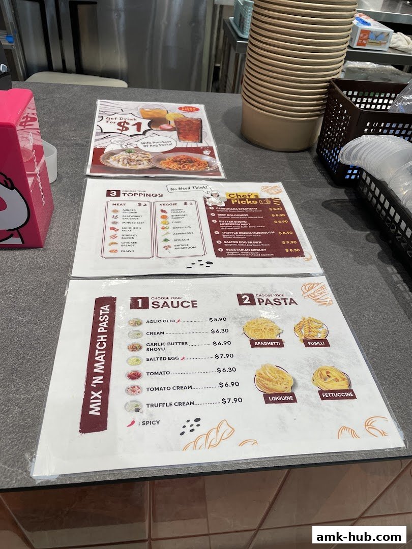 A menu for Big Pasta Small Pasta featuring sauces, pasta types, toppings, and chef's picks.
