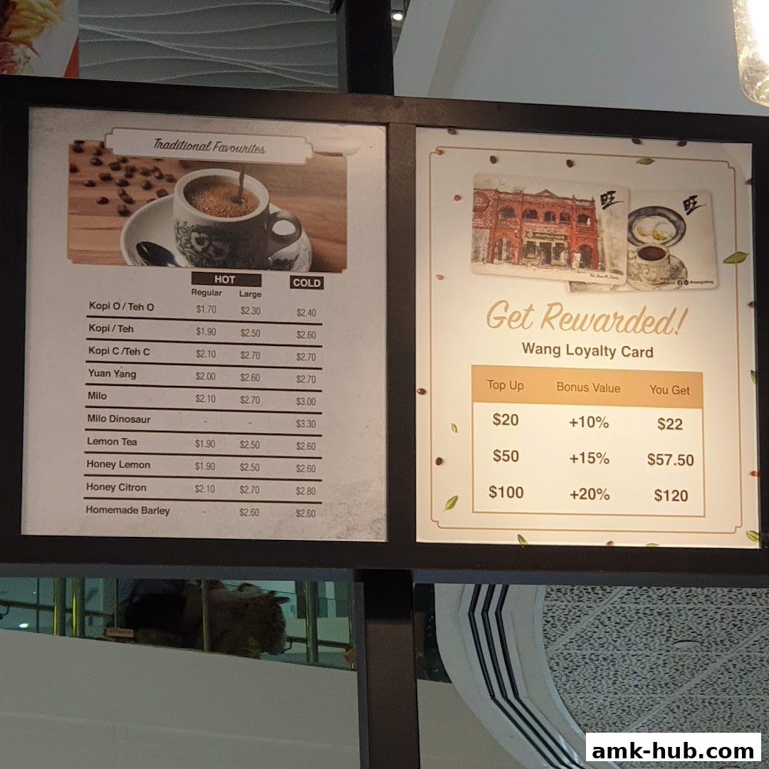 A menu board displaying traditional drinks and a loyalty card promotion for Heavenly Wang.