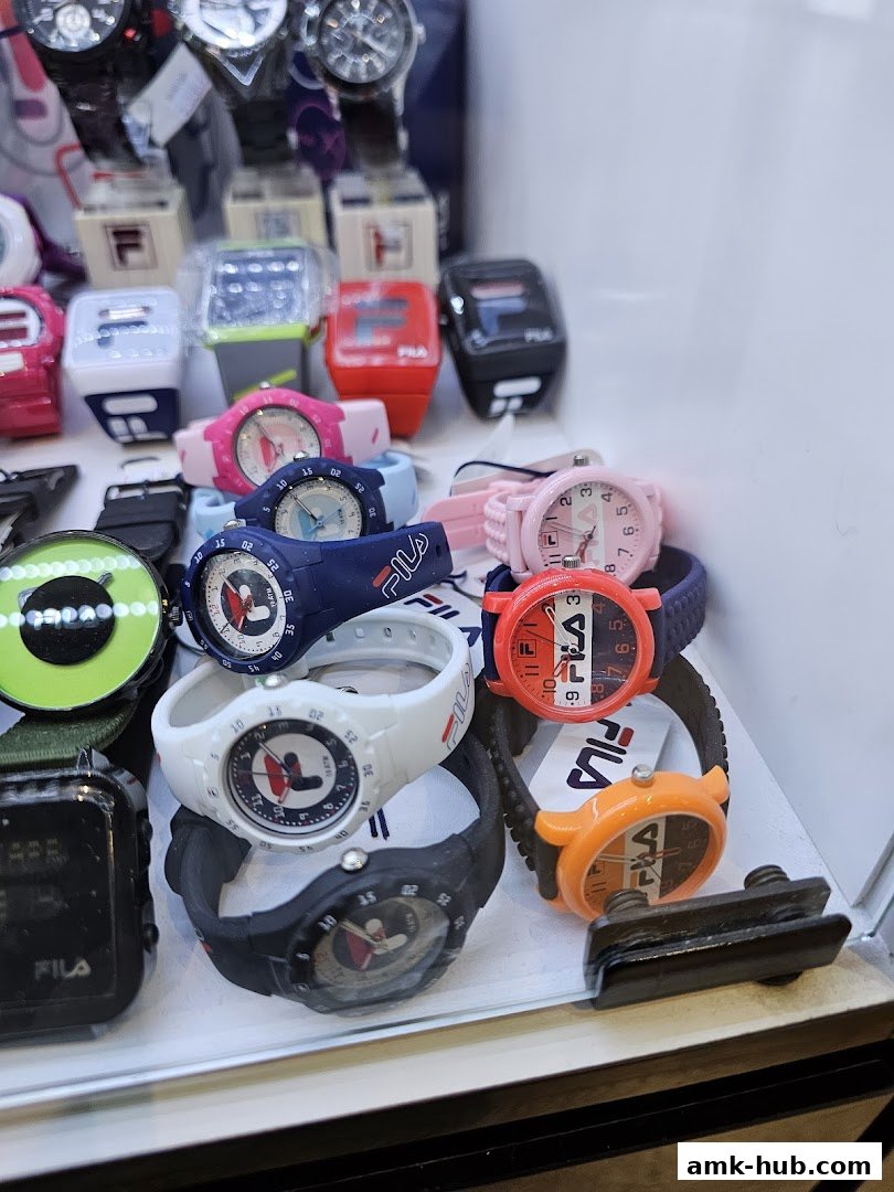 A display of colorful Fila watches in various styles and colors.