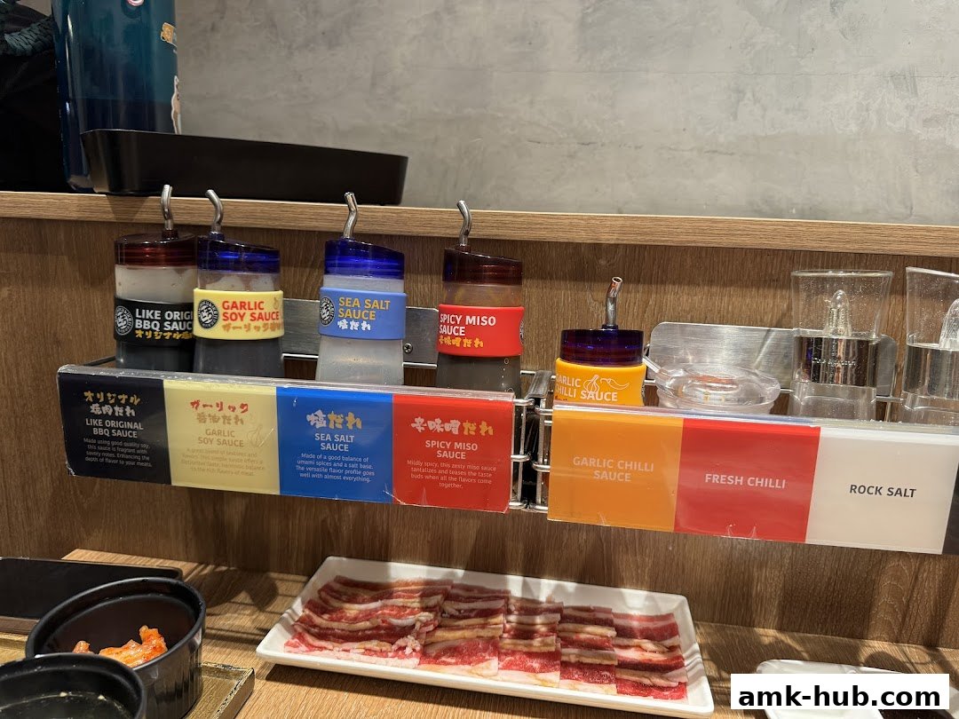 A selection of sauces and condiments for yakiniku, with raw meat slices in the foreground.
