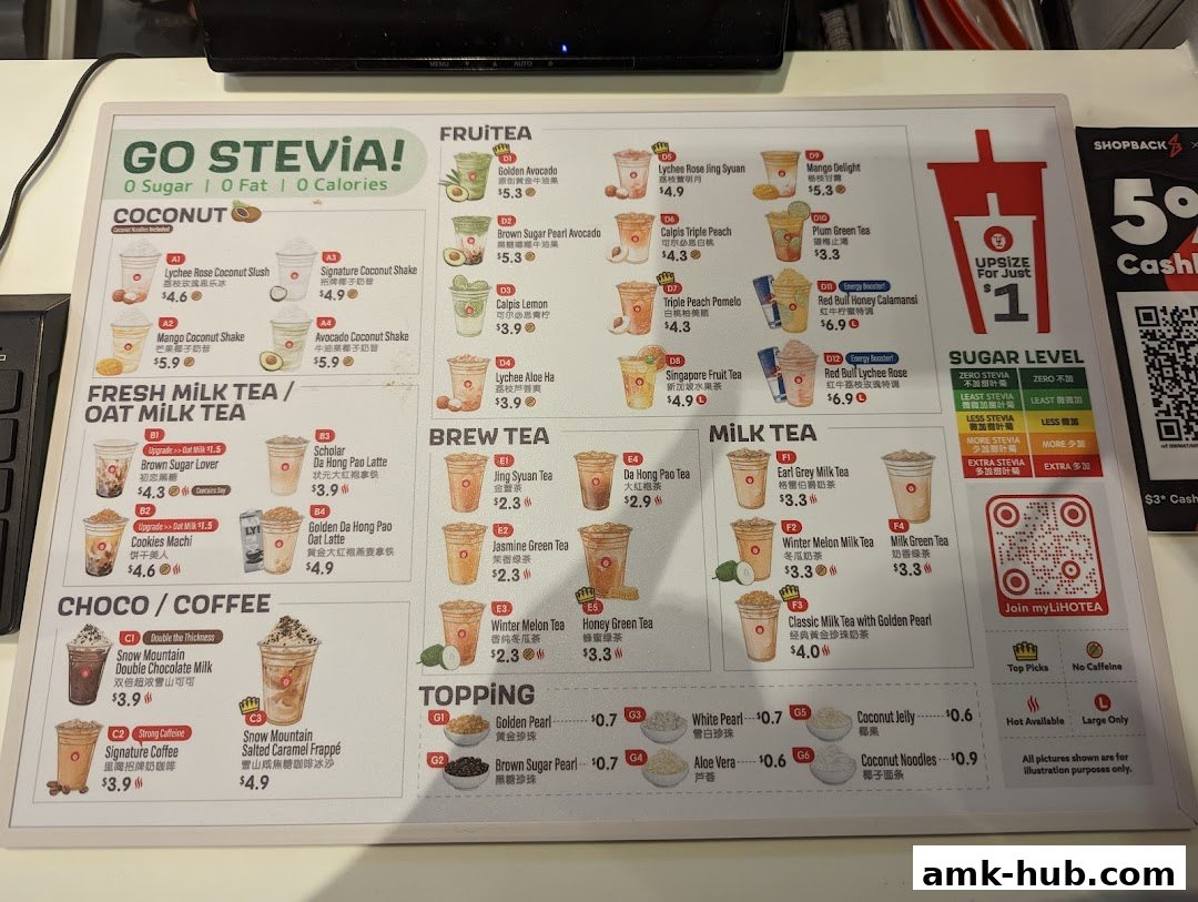 A menu for LiHO TEA featuring various fruit teas, milk teas, choco/coffee drinks, and toppings.