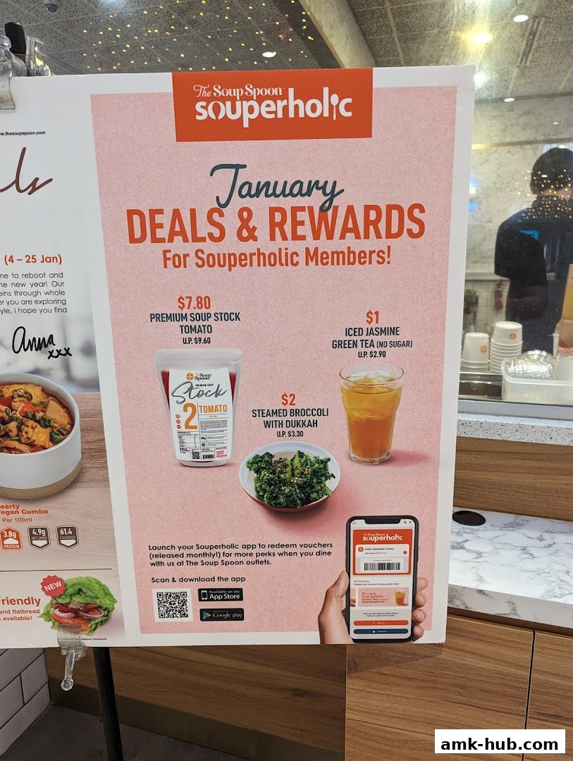 A promotional poster for The Soup Spoon's January deals and rewards for Souperholic members.