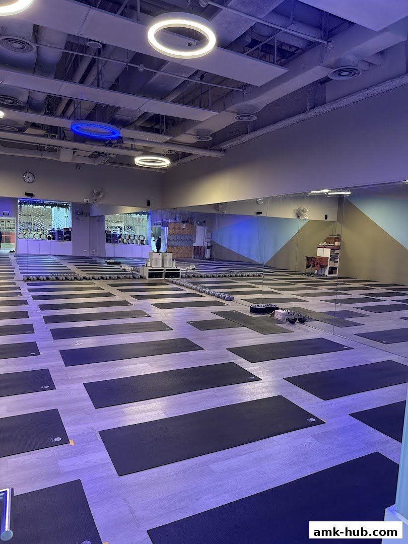 A spacious yoga studio with rows of yoga mats laid out on the floor, illuminated by modern circular lights.