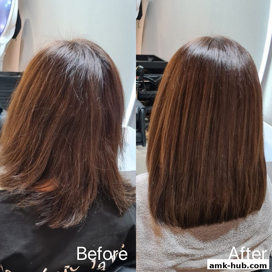 A split image showing a 'before' and 'after' of a woman's hair transformation at a salon.