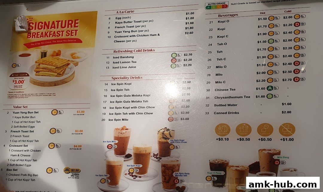 A menu from Kopitiam featuring breakfast sets, a la carte items, specialty drinks, and beverages.