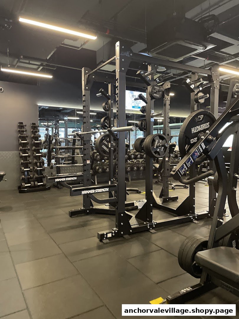 An interior shot of a modern gym featuring various weightlifting equipment and dumbbell racks.