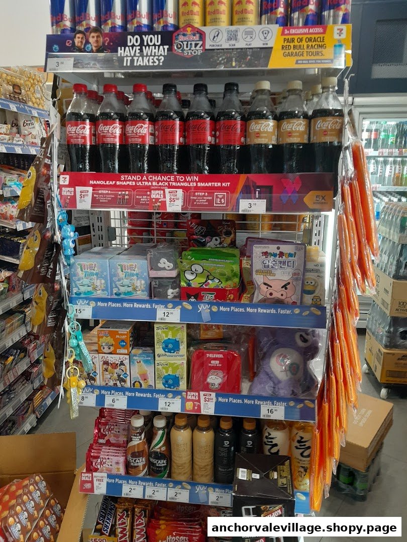 A vibrant retail display inside a 7-Eleven store featuring beverages, snacks, and promotional merchandise.