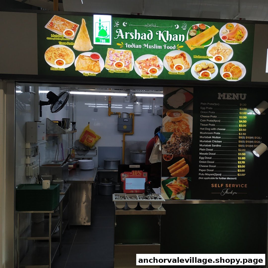 A vibrant image of Arshad Khan Indian Muslim Food stall, showcasing its menu board and food display.