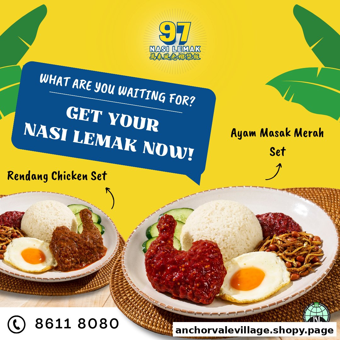 Two delicious Nasi Lemak sets, Rendang Chicken and Ayam Masak Merah, presented on plates.