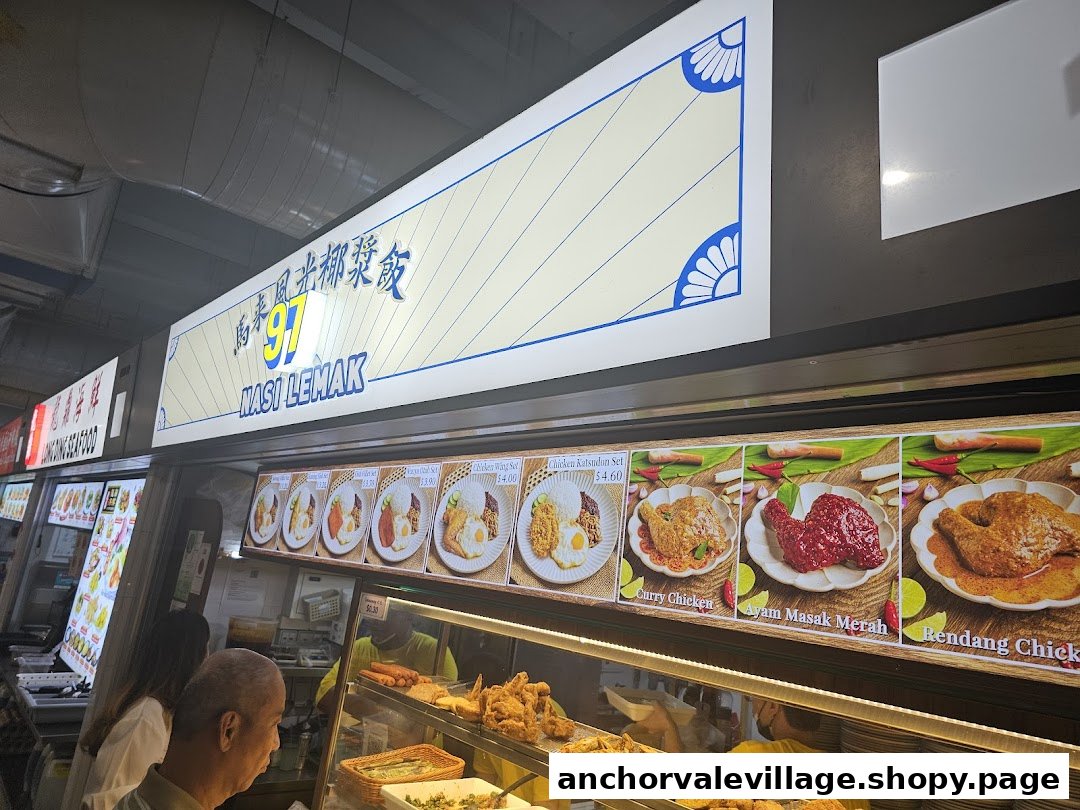 A vibrant display of Nasi Lemak dishes and the shop's signage at 97 Nasi Lemak.