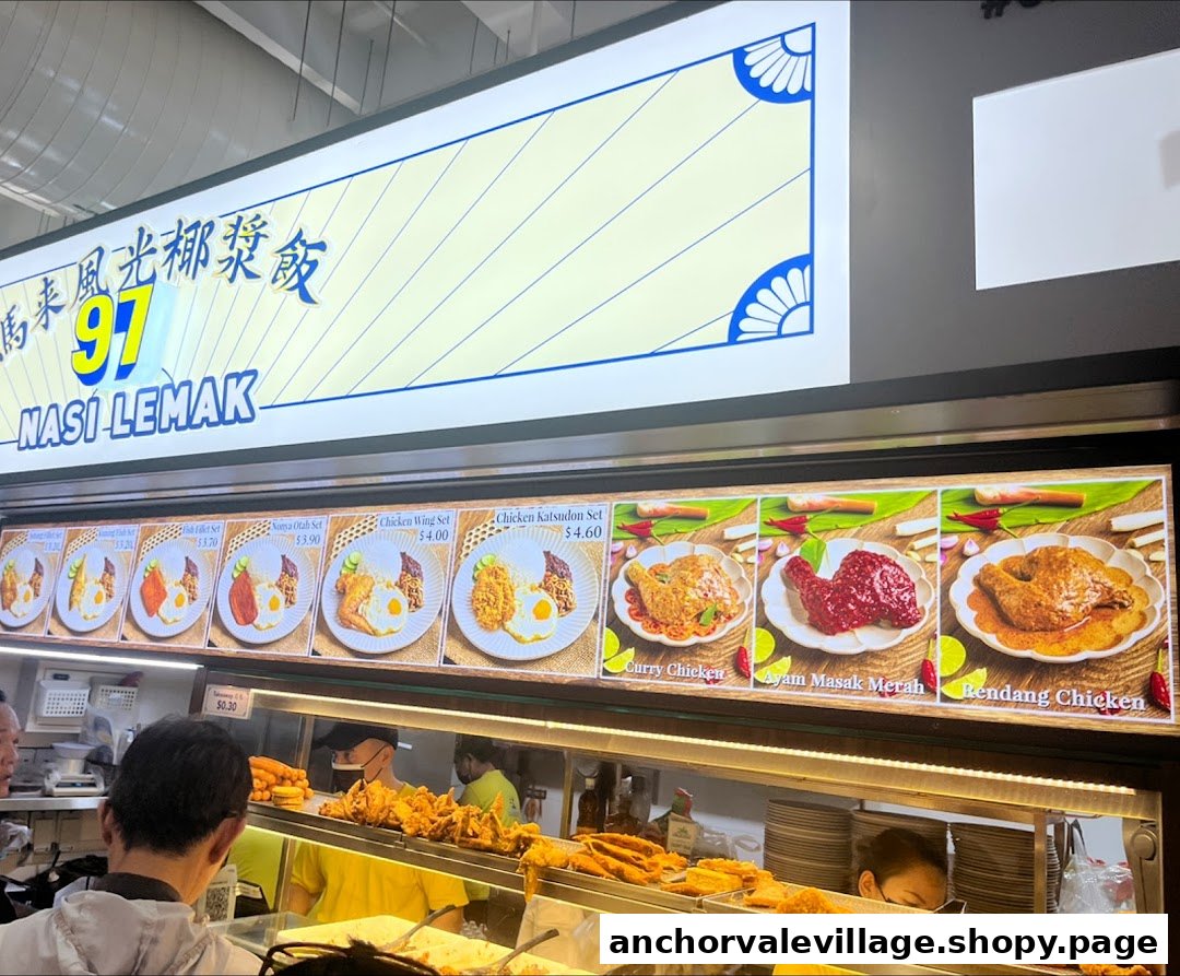 A vibrant display of Nasi Lemak sets and various chicken dishes at 97 Nasi Lemak.