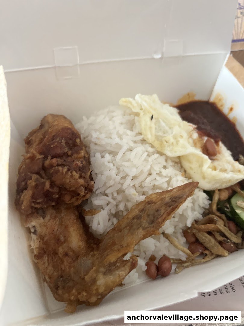 A delicious Nasi Lemak meal with crispy fried chicken, rice, egg, anchovies, and sambal in a box.
