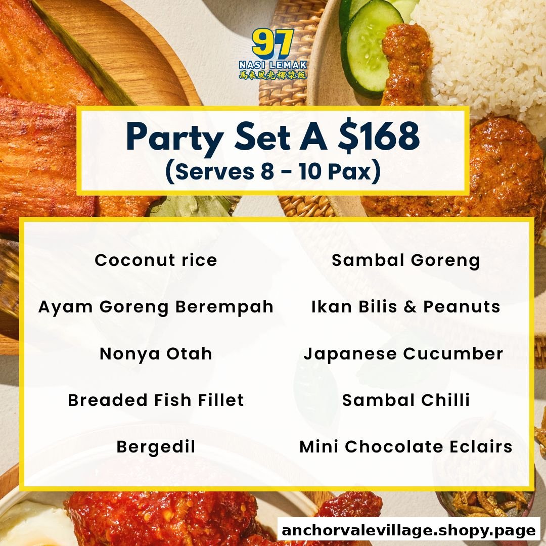 A menu board showcasing 97 Nasi Lemak's Party Set A with its price and components.