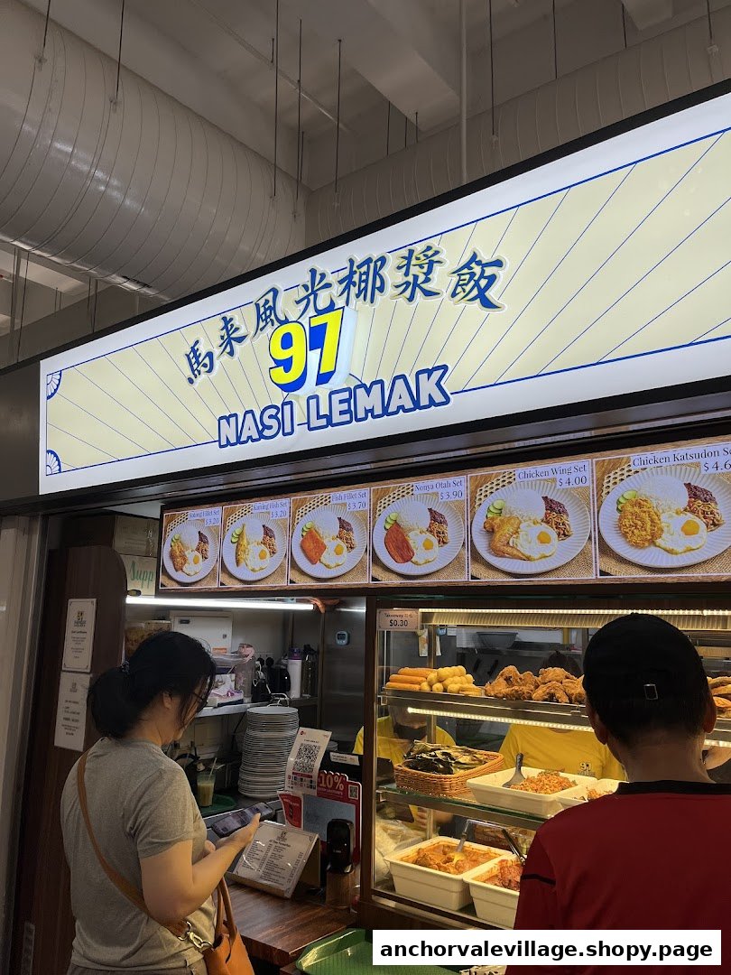 Customers ordering at the counter of 97 Nasi Lemak, featuring menu displays and food items.