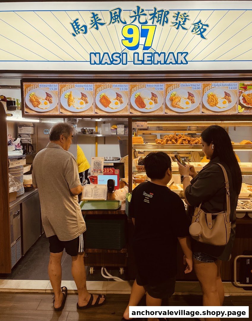 Customers view the vibrant menu board at 97 Nasi Lemak stall.