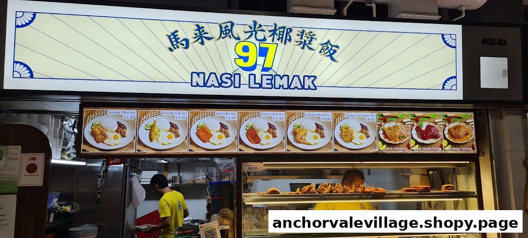 Front view of 97 Nasi Lemak stall showcasing its vibrant menu display and food offerings.