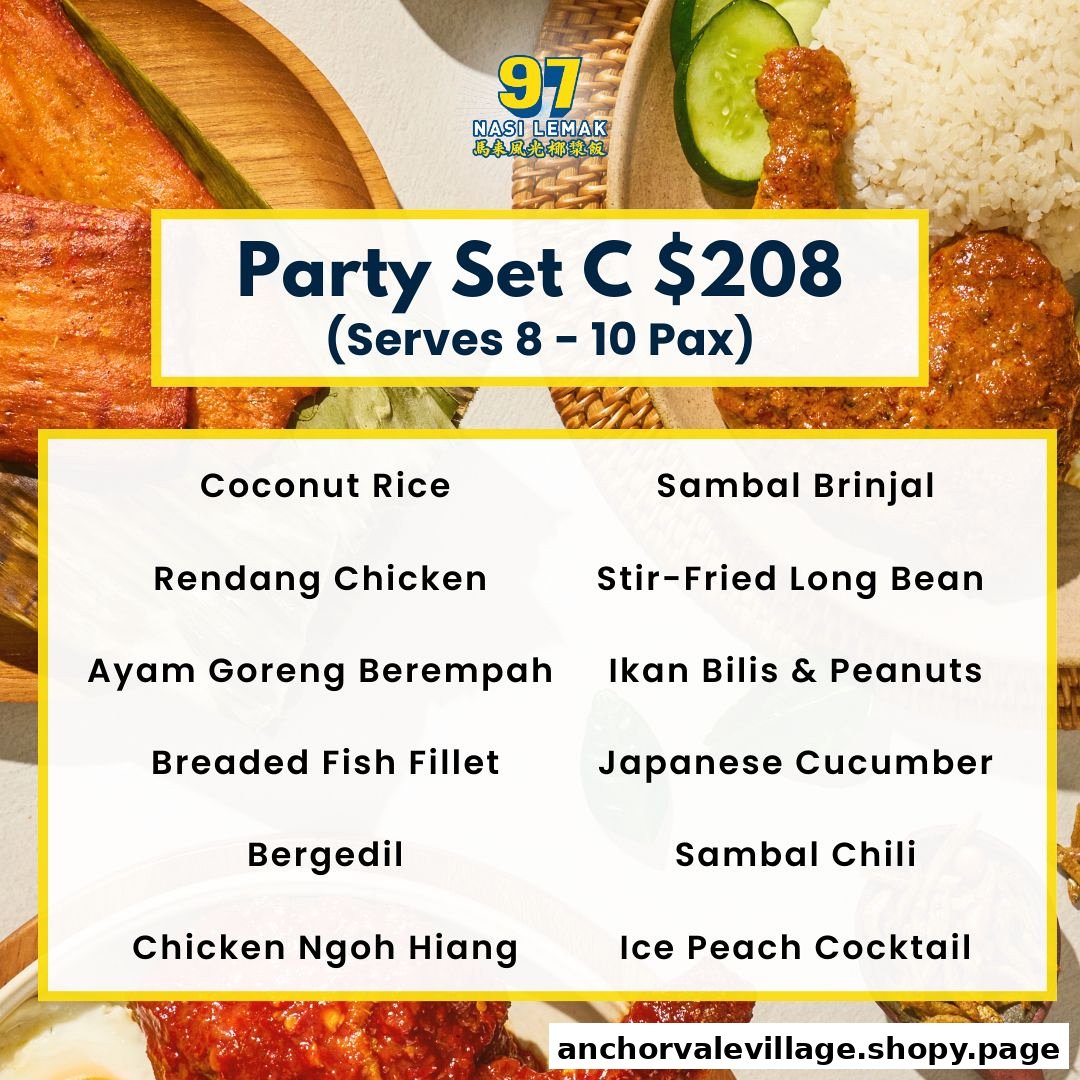 A menu displaying the 'Party Set C' from 97 Nasi Lemak, detailing its price and included dishes.