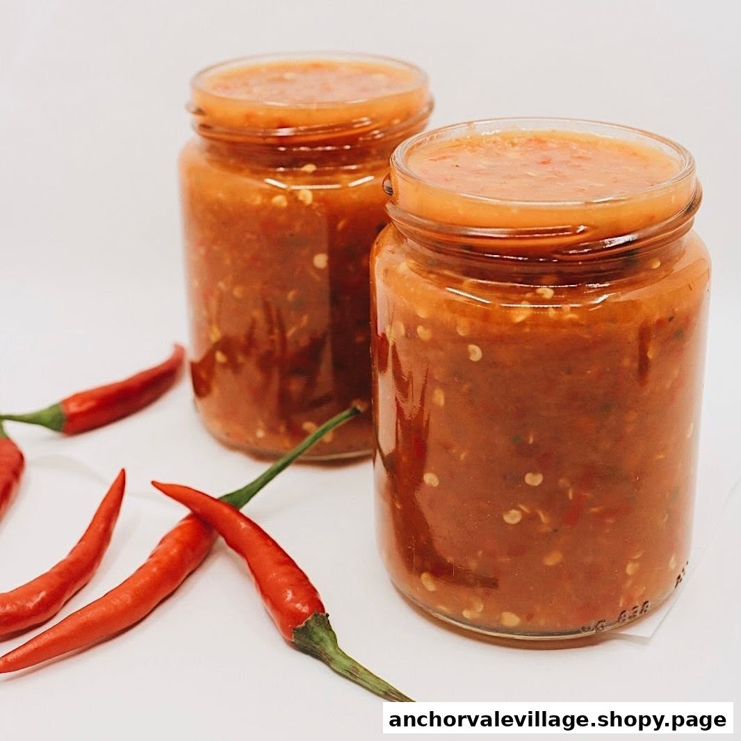 Two jars of vibrant red chili sauce with fresh red chilies on a clean white background.