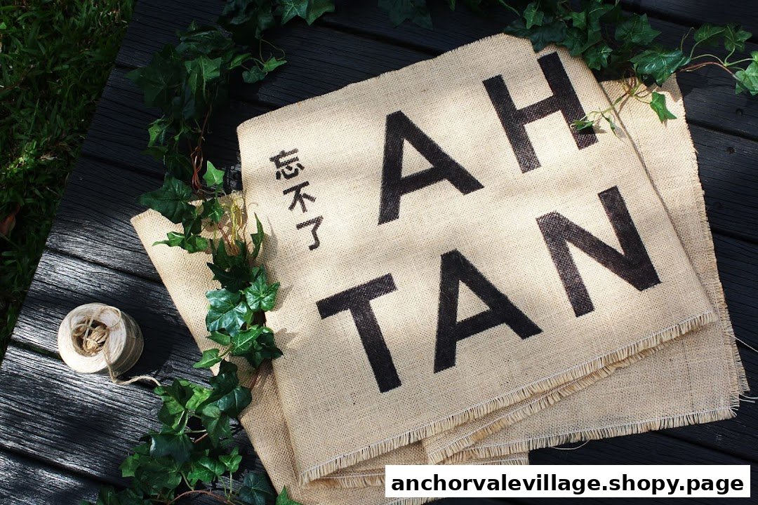 A burlap fabric with 'AH TAN' and Chinese characters, surrounded by ivy and twine on a wooden surface.