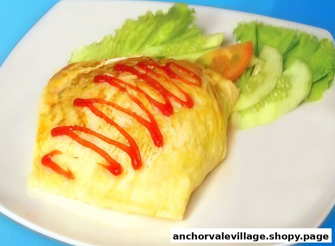 A delicious omelet or egg-wrapped rice dish topped with ketchup, served with fresh lettuce and cucumber.