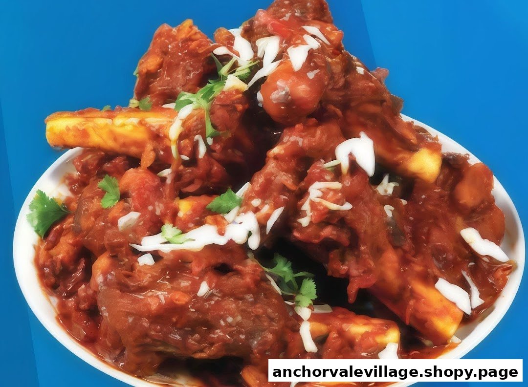 A close-up of a rich, red mutton curry or soup dish, garnished with fresh cilantro and white toppings.
